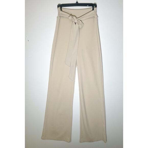Windsor High-Waisted Wide-Leg Stretchy Pants with Tie Belt Beige Minimalist Sz M - Picture 1 of 6